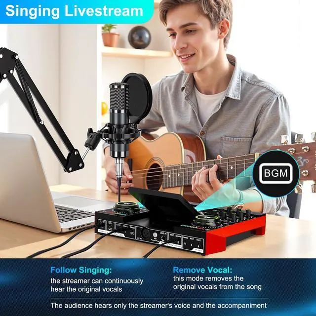 Alt view image 6 of 7 - Podcast Microphone Bundle with Live Sound Board Audio Mixer, Podcast Equipment Bundle with 3.5mm Boom Mic(P15) for Pc/Phone Live Streaming Singing Gaming, Voice Changer, Denoise