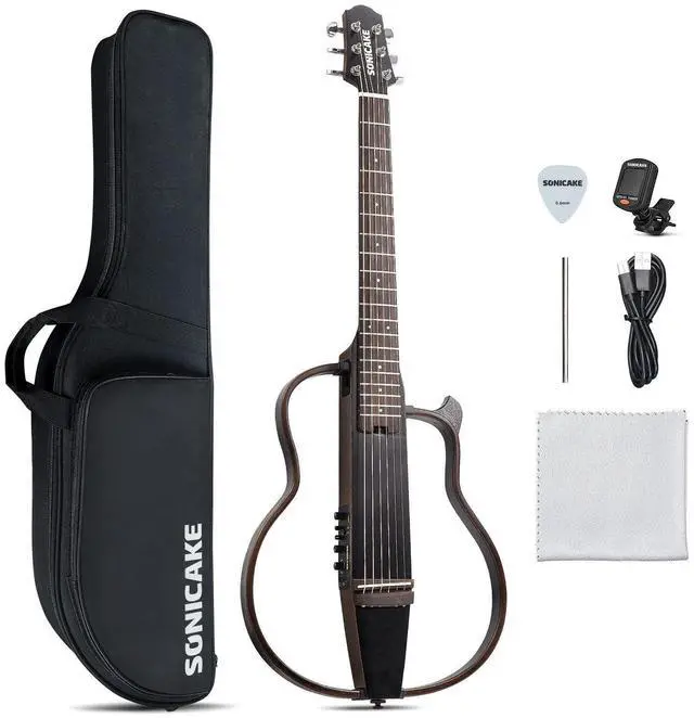 Main image of Acoustic Electric Travel Guitar, Portable Practice Silent Guitar with Preamp System, EQ/Reverb/Chorus, Solid Mahogany Body, Adult & Beginner Bundle with Gig Bag & Accessories QGT-01