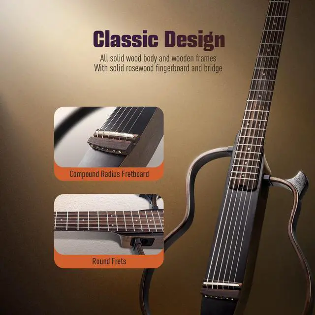 Alt view image 3 of 7 - Acoustic Electric Travel Guitar, Portable Practice Silent Guitar with Preamp System, EQ/Reverb/Chorus, Solid Mahogany Body, Adult & Beginner Bundle with Gig Bag & Accessories QGT-01