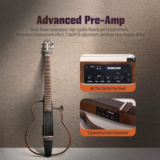 Alt view image 2 of 7 - Acoustic Electric Travel Guitar, Portable Practice Silent Guitar with Preamp System, EQ/Reverb/Chorus, Solid Mahogany Body, Adult & Beginner Bundle with Gig Bag & Accessories QGT-01
