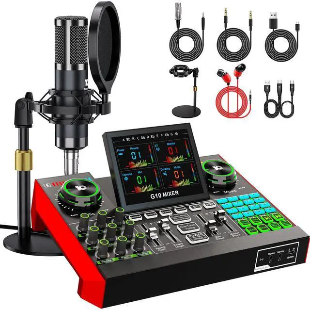 Main image of Podcast Microphone Bundle with Live Sound Board Audio Mixer, Podcast Equipment Bundle with 3.5mm Condenser Microphone(P15) for Pc/Phone Live Streaming Singing Gaming, Voice Changer, Denoise