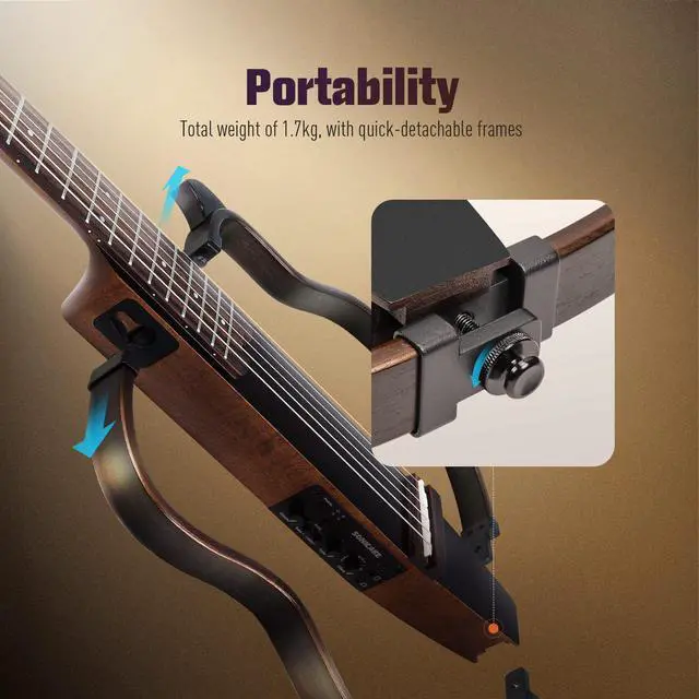 Alt view image 4 of 7 - Acoustic Electric Travel Guitar, Portable Practice Silent Guitar with Preamp System, EQ/Reverb/Chorus, Solid Mahogany Body, Adult & Beginner Bundle with Gig Bag & Accessories QGT-01