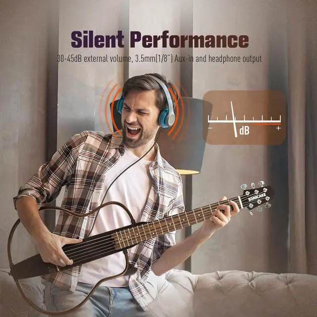 Alt view image 6 of 7 - Acoustic Electric Travel Guitar, Portable Practice Silent Guitar with Preamp System, EQ/Reverb/Chorus, Solid Mahogany Body, Adult & Beginner Bundle with Gig Bag & Accessories QGT-01