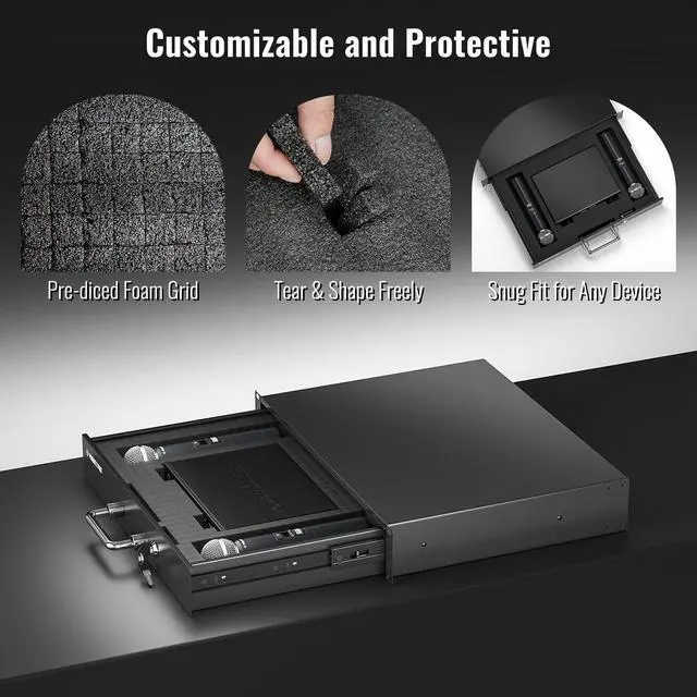 Alt view image 2 of 7 - 2U Locking Rack Drawer for 19-Inch Rack PRDWR-2U | Pre-Cut Foam, Sliding Lockable Design, Metal Build, AV/Network/DJ Gear, Cabinet Enclosures