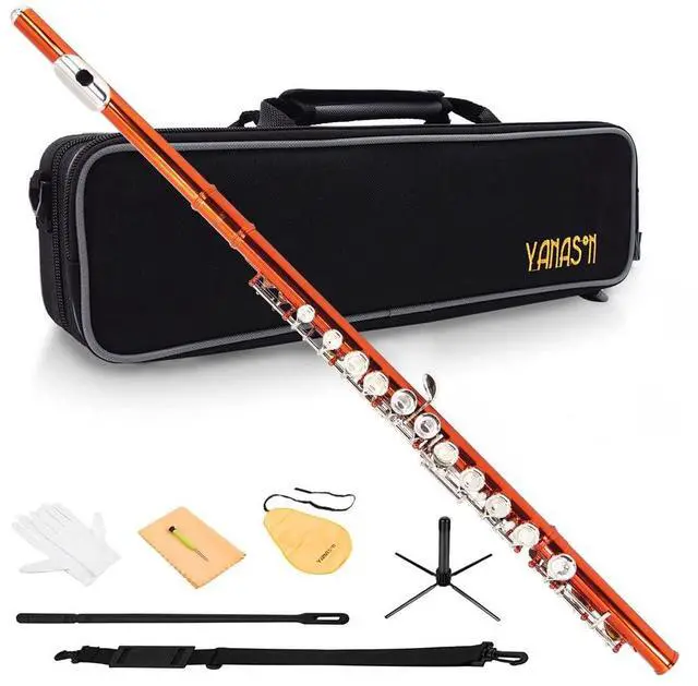 Main image of Orange C Flute Closed Hole 16 Keys Flute Nickel-Plated for Beginner, Student and Professionals with Carrying case, Metal stand, Gloves, Tuning Rod, Cleaning kit (Orange)