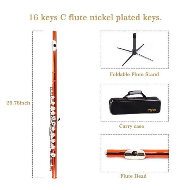 Alt view image 2 of 5 - Orange C Flute Closed Hole 16 Keys Flute Nickel-Plated for Beginner, Student and Professionals with Carrying case, Metal stand, Gloves, Tuning Rod, Cleaning kit (Orange)