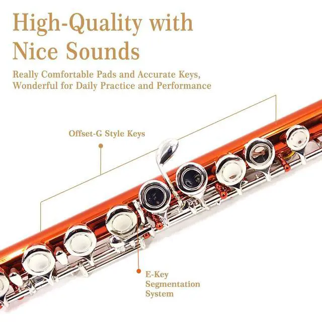 Alt view image 3 of 5 - Orange C Flute Closed Hole 16 Keys Flute Nickel-Plated for Beginner, Student and Professionals with Carrying case, Metal stand, Gloves, Tuning Rod, Cleaning kit (Orange)