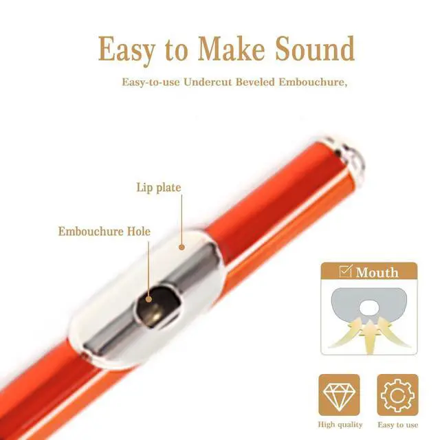 Alt view image 4 of 5 - Orange C Flute Closed Hole 16 Keys Flute Nickel-Plated for Beginner, Student and Professionals with Carrying case, Metal stand, Gloves, Tuning Rod, Cleaning kit (Orange)