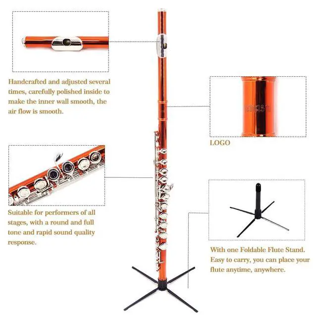 Alt view image 5 of 5 - Orange C Flute Closed Hole 16 Keys Flute Nickel-Plated for Beginner, Student and Professionals with Carrying case, Metal stand, Gloves, Tuning Rod, Cleaning kit (Orange)