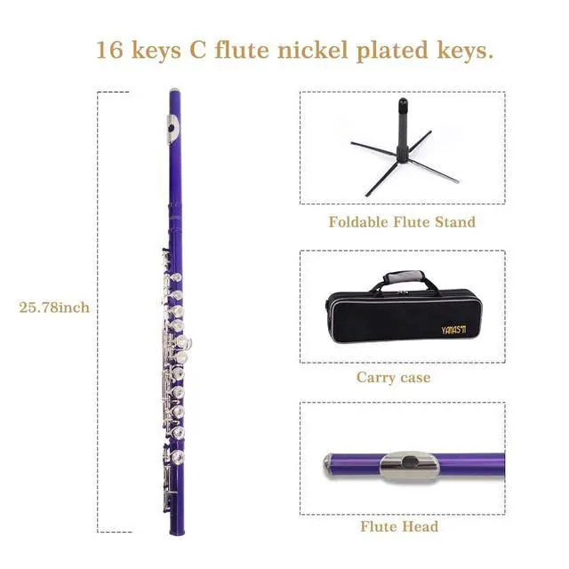 Alt view image 2 of 5 - Purple C Flute Closed Hole 16 Keys Flute Nickel-Plated for Beginner, Student and Professionals with Carrying case, Metal stand, Gloves, Tuning Rod, Cleaning kit(Purple)