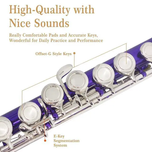 Alt view image 3 of 5 - Purple C Flute Closed Hole 16 Keys Flute Nickel-Plated for Beginner, Student and Professionals with Carrying case, Metal stand, Gloves, Tuning Rod, Cleaning kit(Purple)