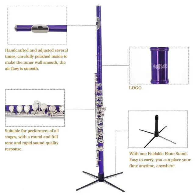 Alt view image 4 of 5 - Purple C Flute Closed Hole 16 Keys Flute Nickel-Plated for Beginner, Student and Professionals with Carrying case, Metal stand, Gloves, Tuning Rod, Cleaning kit(Purple)