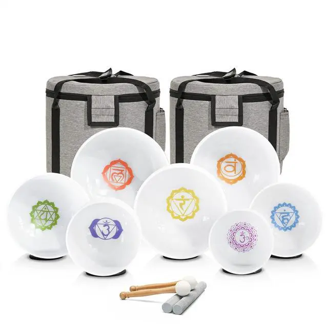 Main image of Crystal Singing Bowl Frosted 432HZ 7-12 Inch Chakra Symbol Design | Frosted Quartz White Chakra Symbol Singing Bowls with 2 PCS Travel Carry Case Bag for Sound Healing