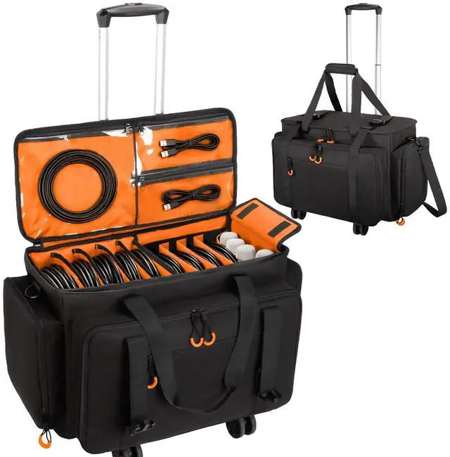 Main image of Large Rolling Dj Cable Bag with Detachable Dividers, Bottom Pad | Dj Bag for Equipment and Accessories with Laptop and Microphone Pocket, Dj Gig Bag for Musician, Professional, Travel, Orange