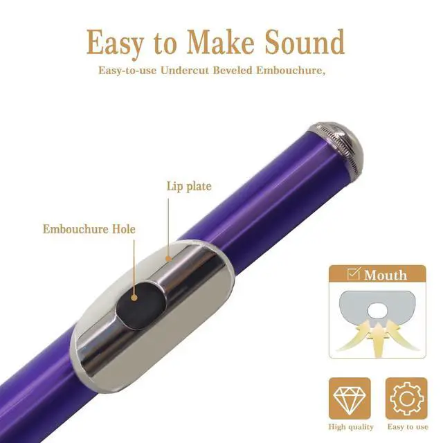 Alt view image 5 of 5 - Purple C Flute Closed Hole 16 Keys Flute Nickel-Plated for Beginner, Student and Professionals with Carrying case, Metal stand, Gloves, Tuning Rod, Cleaning kit(Purple)
