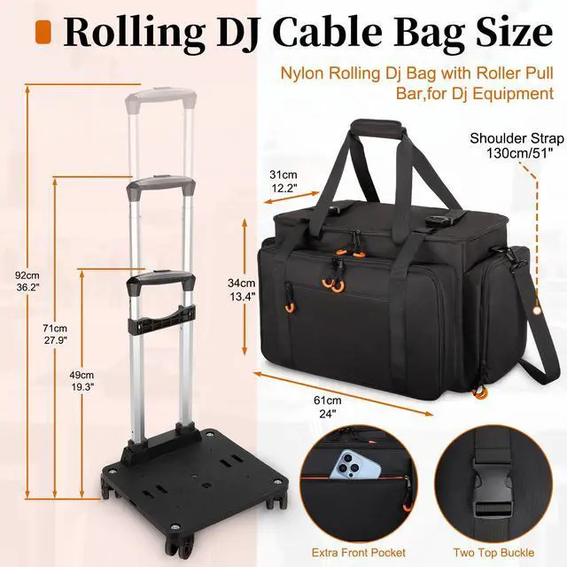 Alt view image 2 of 7 - Large Rolling Dj Cable Bag with Detachable Dividers, Bottom Pad | Dj Bag for Equipment and Accessories with Laptop and Microphone Pocket, Dj Gig Bag for Musician, Professional, Travel, Orange
