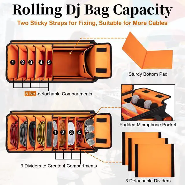 Alt view image 4 of 7 - Large Rolling Dj Cable Bag with Detachable Dividers, Bottom Pad | Dj Bag for Equipment and Accessories with Laptop and Microphone Pocket, Dj Gig Bag for Musician, Professional, Travel, Orange