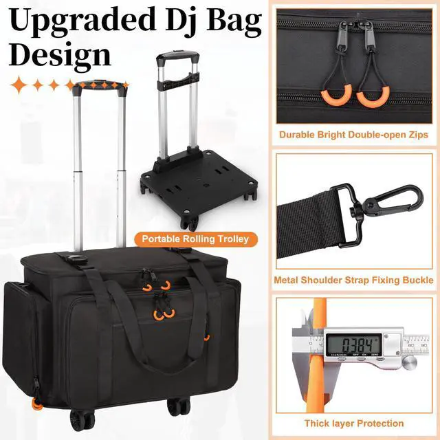 Alt view image 6 of 7 - Large Rolling Dj Cable Bag with Detachable Dividers, Bottom Pad | Dj Bag for Equipment and Accessories with Laptop and Microphone Pocket, Dj Gig Bag for Musician, Professional, Travel, Orange