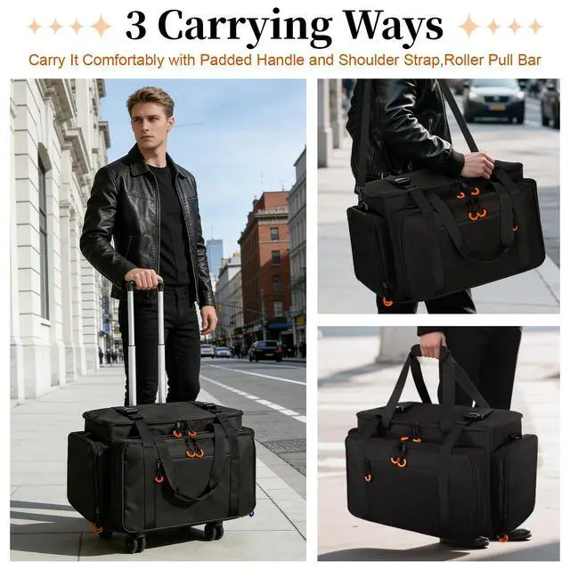 Alt view image 7 of 7 - Large Rolling Dj Cable Bag with Detachable Dividers, Bottom Pad | Dj Bag for Equipment and Accessories with Laptop and Microphone Pocket, Dj Gig Bag for Musician, Professional, Travel, Orange