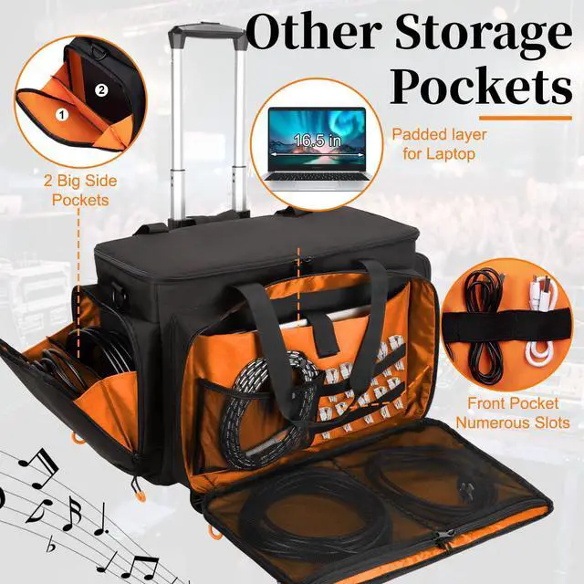 Alt view image 5 of 7 - Large Rolling Dj Cable Bag with Detachable Dividers, Bottom Pad | Dj Bag for Equipment and Accessories with Laptop and Microphone Pocket, Dj Gig Bag for Musician, Professional, Travel, Orange