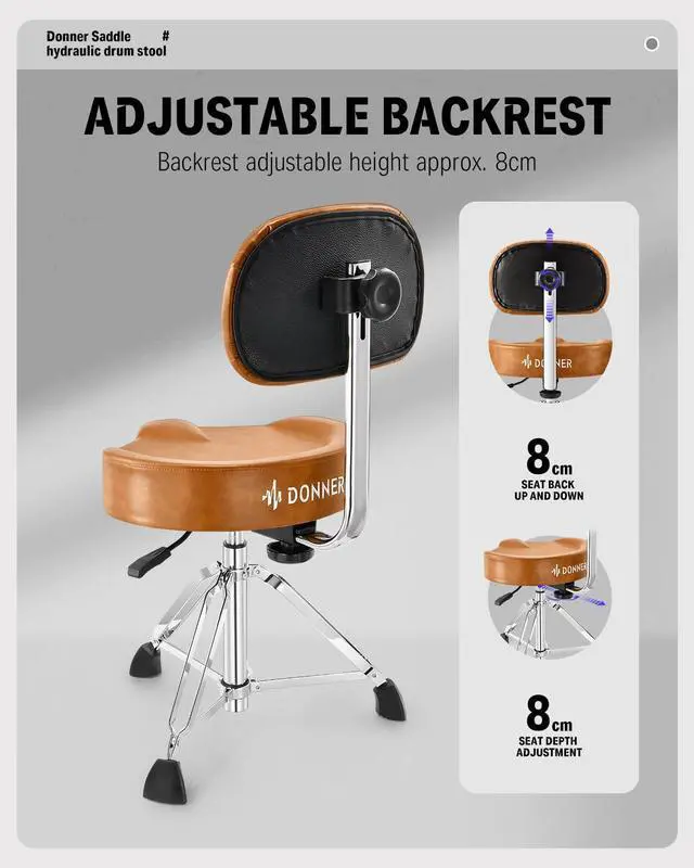 Alt view image 3 of 7 - Drum Throne with Backrest, Heavy Duty Hydraulic Drum Stool Height Adjustable, Motorcycle Style Drum Seat Saddle Drum Throne for Adults Drummers (Brown)