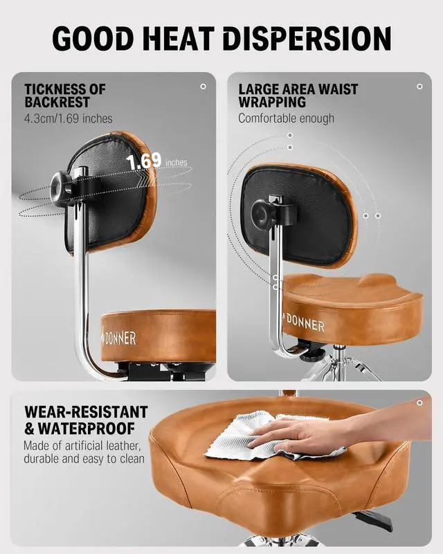 Alt view image 4 of 7 - Drum Throne with Backrest, Heavy Duty Hydraulic Drum Stool Height Adjustable, Motorcycle Style Drum Seat Saddle Drum Throne for Adults Drummers (Brown)