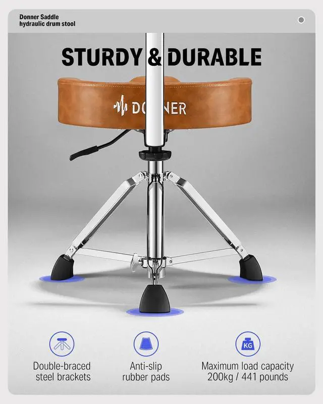 Alt view image 7 of 7 - Drum Throne with Backrest, Heavy Duty Hydraulic Drum Stool Height Adjustable, Motorcycle Style Drum Seat Saddle Drum Throne for Adults Drummers (Brown)