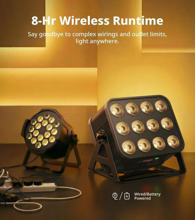 Alt view image 4 of 7 - 12x16W Wireless Par Light, Rechargeable RGBWA+UV Stage Lights | APP DIY Color, 8Hr Battery Powered, Remote/Sound Activated/DMX512 Control, Multi Modes Uplights for Events, DJ Shows, Parties