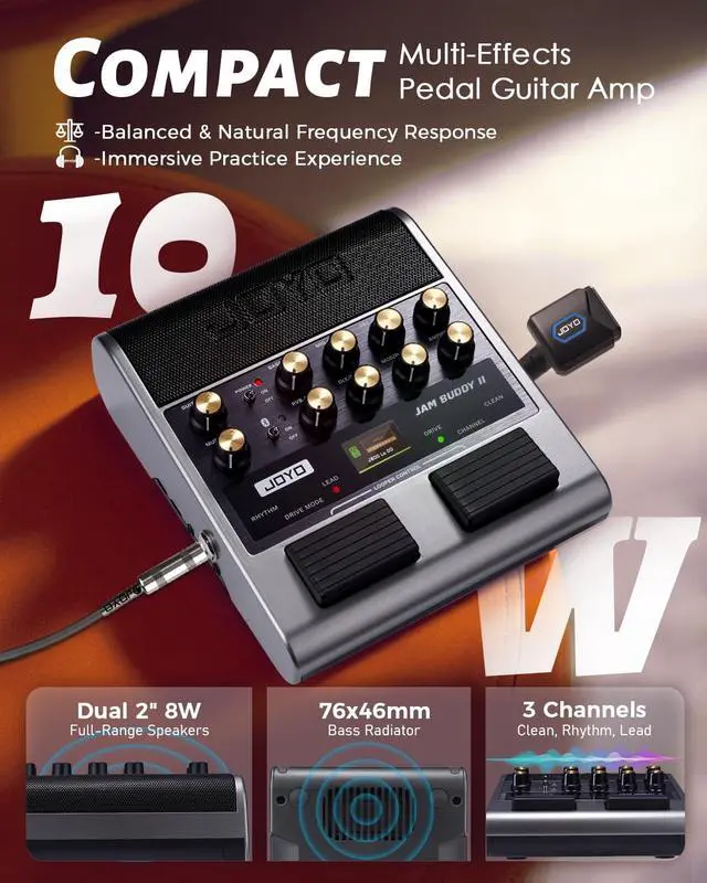 Alt view image 2 of 7 - 10W Electric Guitar Combo Amp Multi-Effects Pedal Portable Amplifier with Footswitch,14 Amp Models,3-Band EQ,36 Drum Patterns & Looper,OTG Recording,Bluetooth for Practice(JAM Buddy II, Gray)