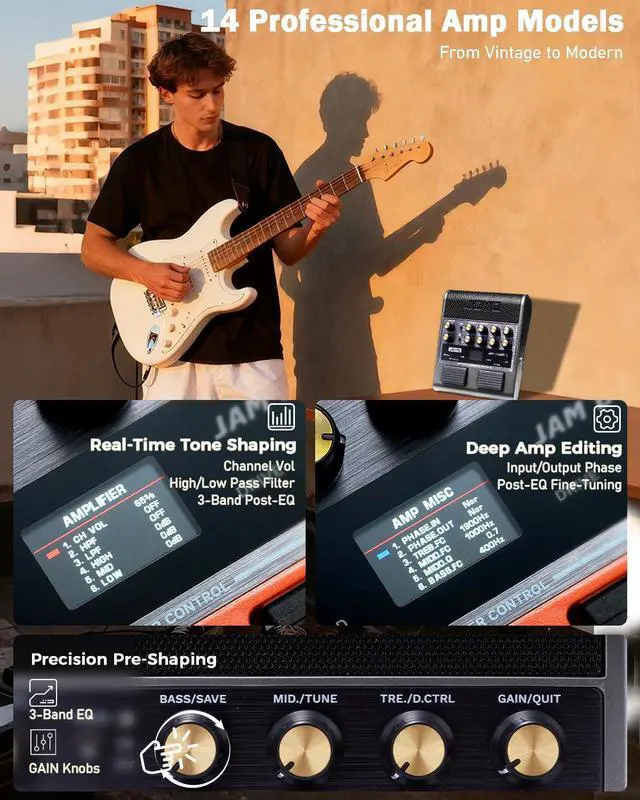 Alt view image 4 of 7 - 10W Electric Guitar Combo Amp Multi-Effects Pedal Portable Amplifier with Footswitch,14 Amp Models,3-Band EQ,36 Drum Patterns & Looper,OTG Recording,Bluetooth for Practice(JAM Buddy II, Gray)