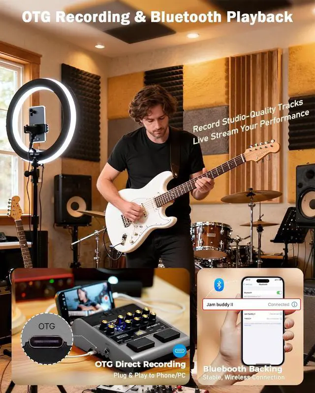 Alt view image 6 of 7 - 10W Electric Guitar Combo Amp Multi-Effects Pedal Portable Amplifier with Footswitch,14 Amp Models,3-Band EQ,36 Drum Patterns & Looper,OTG Recording,Bluetooth for Practice(JAM Buddy II, Gray)
