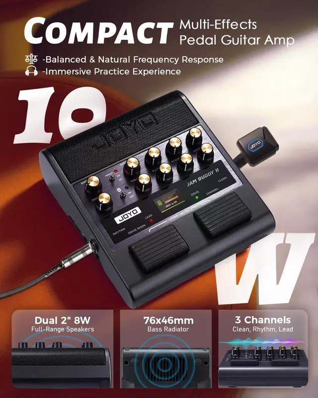 Alt view image 2 of 7 - 10W Portable Electric Guitar Amp Multi-Effects Pedal Combo Amplifier with Footswitch,14 Amp Models,3-Band EQ,36 Drum Patterns & Looper,OTG Recording,Bluetooth for Practice(JAM Buddy II, Black)
