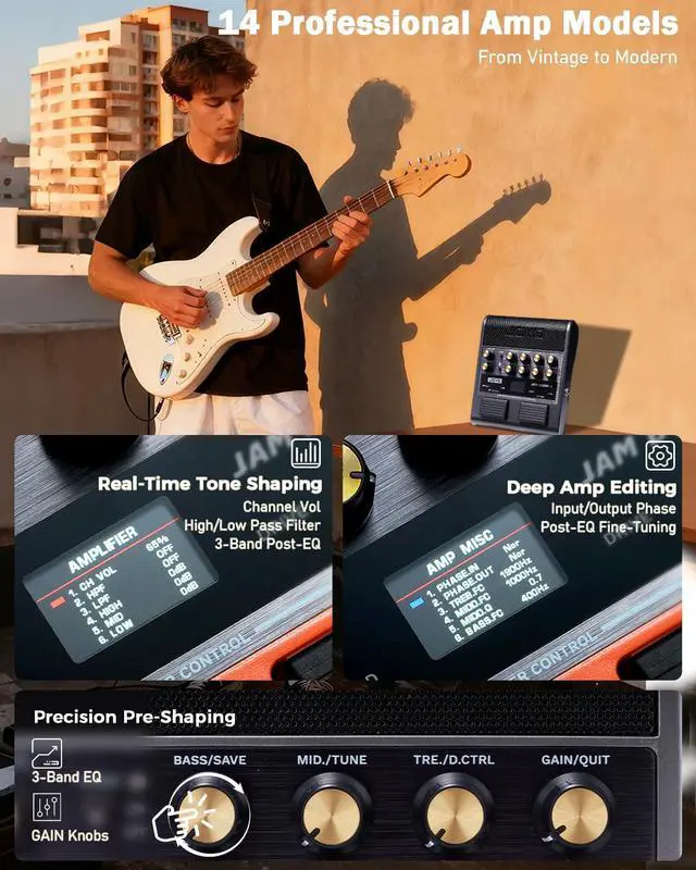 Alt view image 4 of 7 - 10W Portable Electric Guitar Amp Multi-Effects Pedal Combo Amplifier with Footswitch,14 Amp Models,3-Band EQ,36 Drum Patterns & Looper,OTG Recording,Bluetooth for Practice(JAM Buddy II, Black)