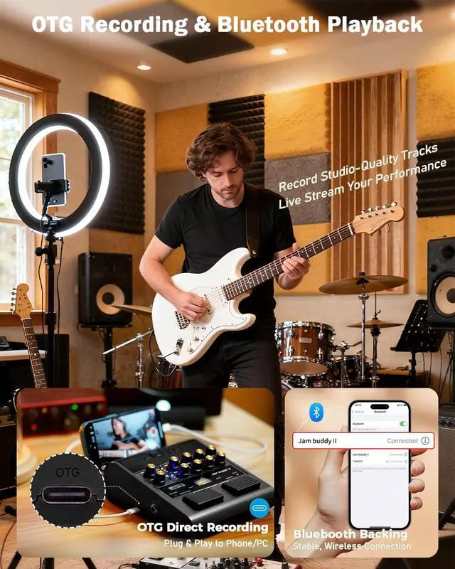 Alt view image 6 of 7 - 10W Portable Electric Guitar Amp Multi-Effects Pedal Combo Amplifier with Footswitch,14 Amp Models,3-Band EQ,36 Drum Patterns & Looper,OTG Recording,Bluetooth for Practice(JAM Buddy II, Black)