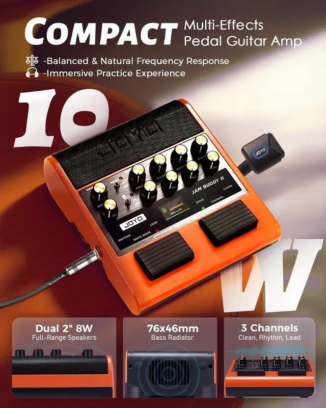 Alt view image 2 of 7 - 10W Portable Guitar Practice Amp & Multi-Effects Pedal Combo Amplifier with Footswitch,OTG Recording, Bluetooth,14 Amp Models,3-Band EQ,36 Drum Patterns & Looper (JAM Buddy II, Orange)