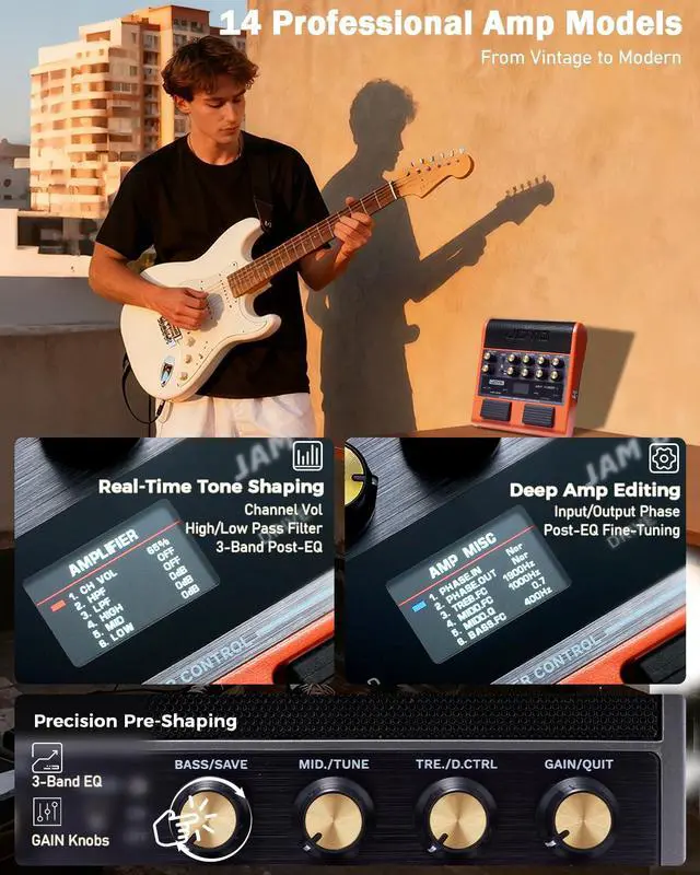 Alt view image 4 of 7 - 10W Portable Guitar Practice Amp & Multi-Effects Pedal Combo Amplifier with Footswitch,OTG Recording, Bluetooth,14 Amp Models,3-Band EQ,36 Drum Patterns & Looper (JAM Buddy II, Orange)