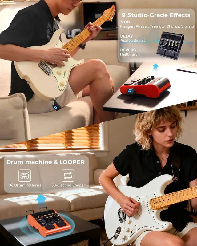Alt view image 5 of 7 - 10W Electric Guitar Combo Amp Multi-Effects Pedal Portable Amplifier with Footswitch,14 Amp Models,3-Band EQ,36 Drum Patterns & Looper,OTG Recording,Bluetooth for Practice(JAM Buddy II, Gray)