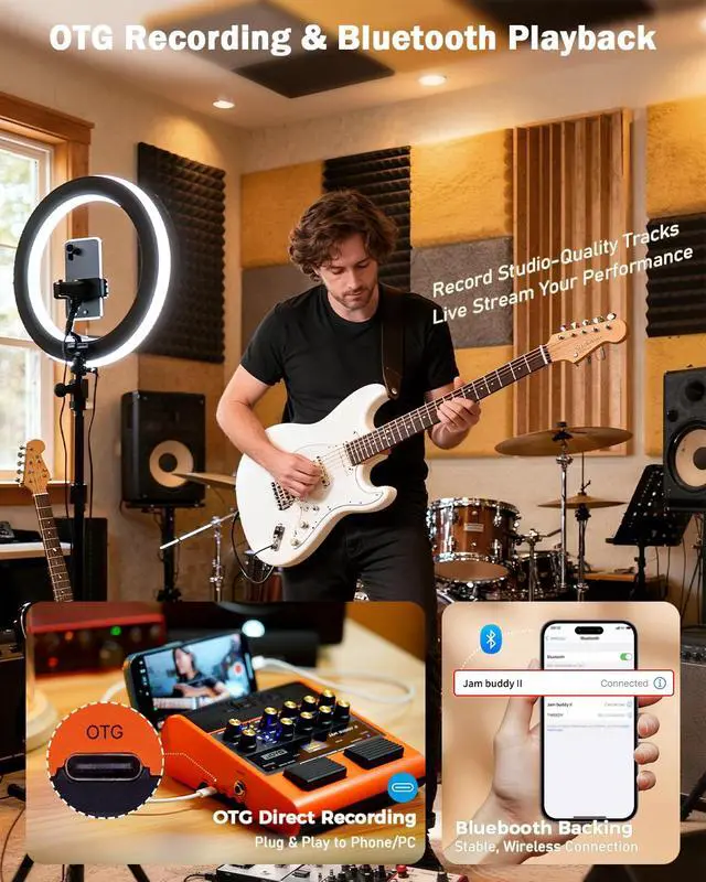 Alt view image 6 of 7 - 10W Portable Guitar Practice Amp & Multi-Effects Pedal Combo Amplifier with Footswitch,OTG Recording, Bluetooth,14 Amp Models,3-Band EQ,36 Drum Patterns & Looper (JAM Buddy II, Orange)