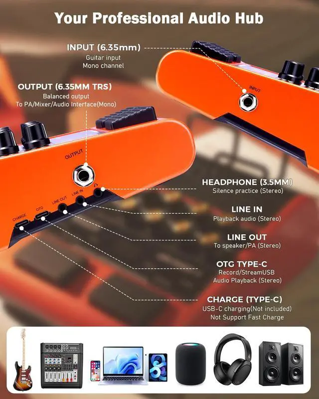 Alt view image 7 of 7 - 10W Portable Guitar Practice Amp & Multi-Effects Pedal Combo Amplifier with Footswitch,OTG Recording, Bluetooth,14 Amp Models,3-Band EQ,36 Drum Patterns & Looper (JAM Buddy II, Orange)