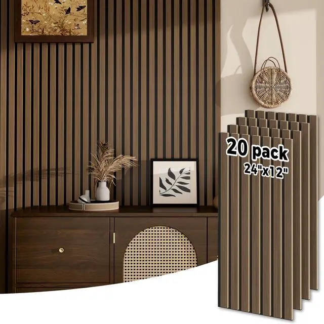 Main image of Wood Slatwall Panels, 20 Pack 24" x 12"/60 x30cm(40ft²) Acoustic Wall Panels, Soundproof Wood Slat Panel, 3D Fluted Sound Absorbing Paneling for Wall Decor, Living Room, Bedroom, Walnut