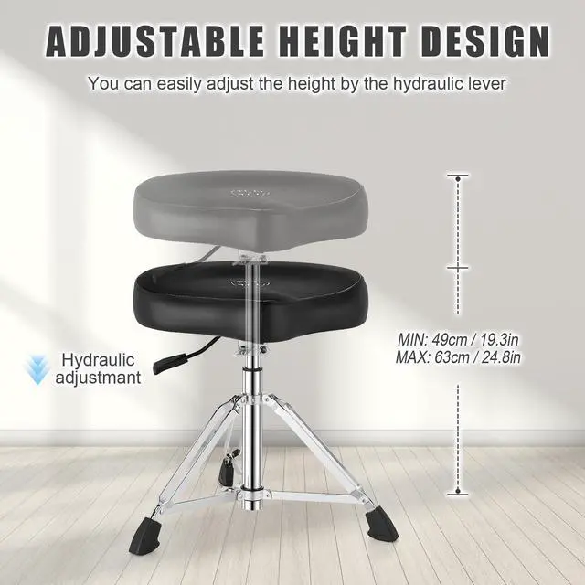 Alt view image 5 of 7 - Drum Throne Hydraulic Drum Stool, Removable Ergonomic Drum Seat with Memory Foam Velvet Surface and Foldable Base, 19in-24in Height Drummer Stool for Adults & Kids, TOT 700