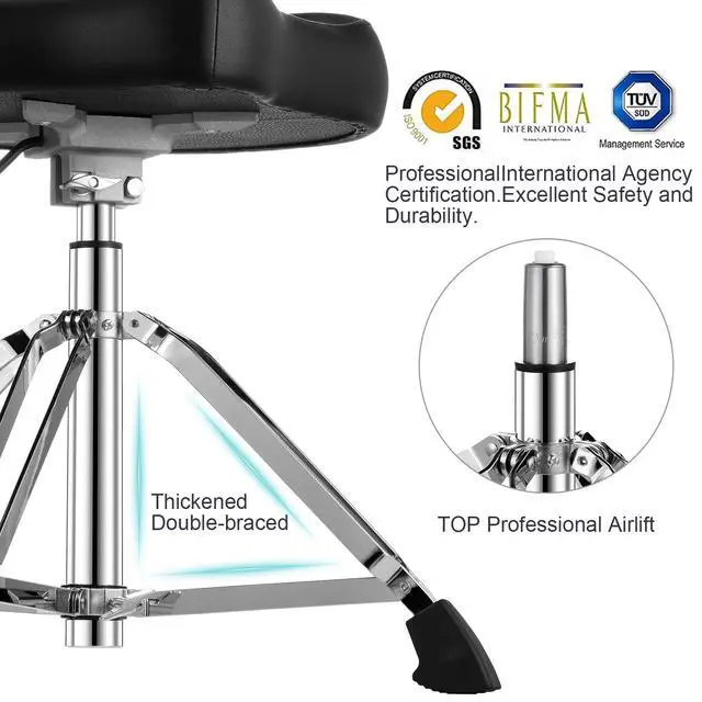 Alt view image 6 of 7 - Drum Throne Hydraulic Drum Stool, Removable Ergonomic Drum Seat with Memory Foam Velvet Surface and Foldable Base, 19in-24in Height Drummer Stool for Adults & Kids, TOT 700