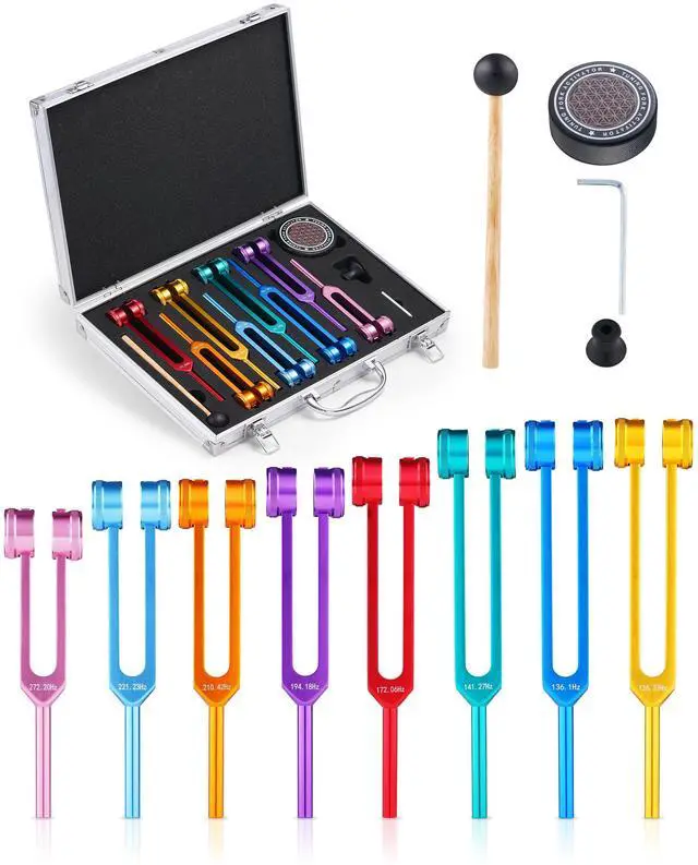 Main image of 8 PCS Tuning Forks for Healing Set, Weighted Rainbow Color Chakra Frequencies (126Hz-272Hz) with Aluminum Box & Activator - Sound Therapy Kit for Meditation, Yoga, Stress Relief