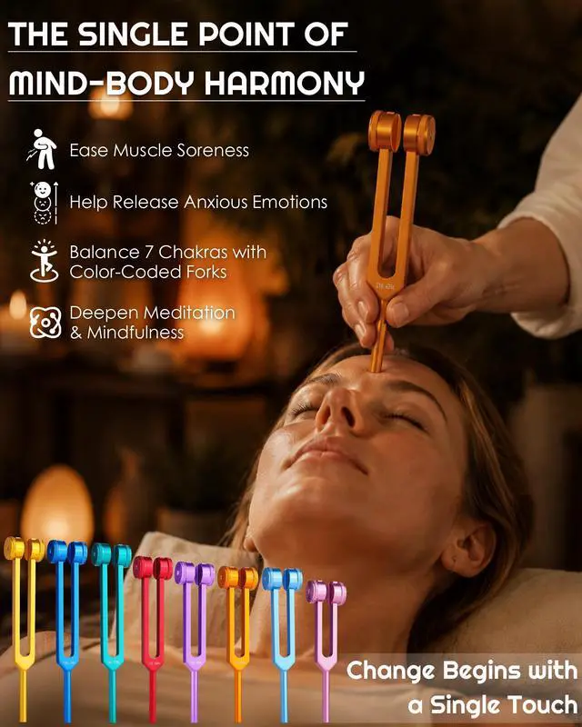 Alt view image 2 of 7 - 8 PCS Tuning Forks for Healing Set, Weighted Rainbow Color Chakra Frequencies (126Hz-272Hz) with Aluminum Box & Activator - Sound Therapy Kit for Meditation, Yoga, Stress Relief