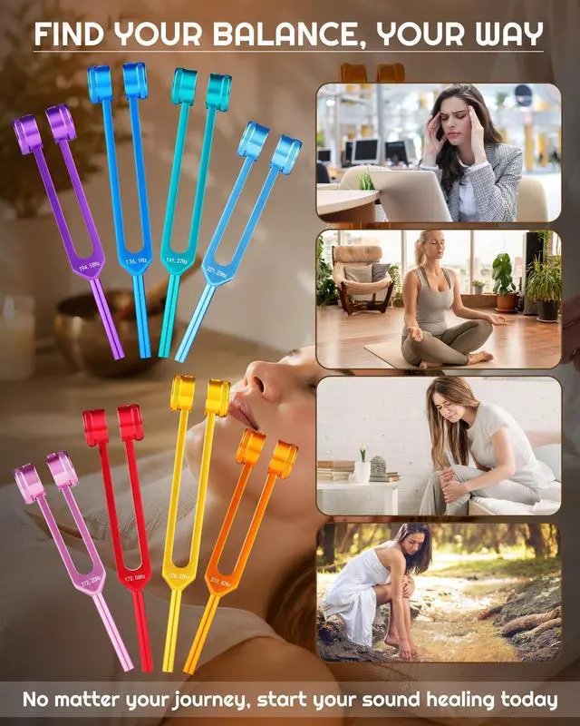 Alt view image 5 of 7 - 8 PCS Tuning Forks for Healing Set, Weighted Rainbow Color Chakra Frequencies (126Hz-272Hz) with Aluminum Box & Activator - Sound Therapy Kit for Meditation, Yoga, Stress Relief
