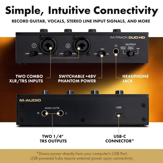 Alt view image 4 of 7 - M-Track Duo HD Audio Interface 24bit 192kHz for Recording, Streaming, Podcasting with USB-C, 2 XLR TRS Inputs, 2 TRS Outputs, Software Suite
