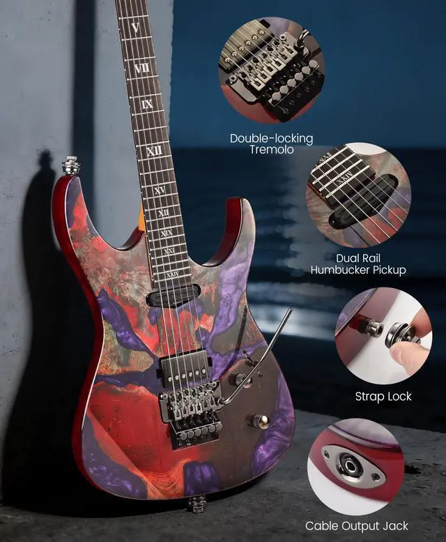 Alt view image 4 of 7 - Tsunami Deluxe Mahogany Body & Roasted Maple Neck, HH Pickups with Rail, Double-Locking Tremolo, 24 Frets(Violet)