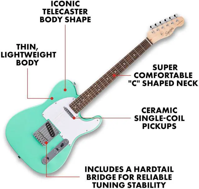 Alt view image 2 of 5 - Squier Debut Telecaster Beginner Electric Guitar, Sea Foam Green | Starter electric guitar for adults and kids, free lessons, Telecaster body, satin finish