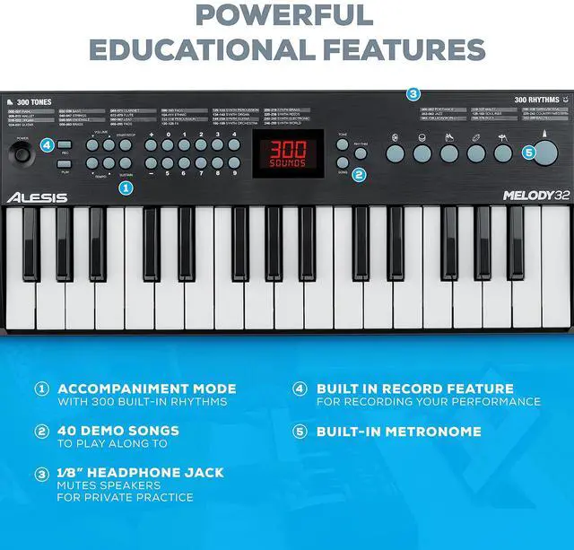 Alt view image 4 of 7 - Melody 32 - Electric Keyboard Digital Piano with 32 Keys, Speakers, 300 Sounds, 300 Rhythms, 40 Songs, USB-MIDI Connectivity and Piano Lessons