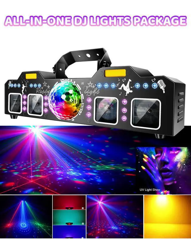 Alt view image 4 of 7 - DJ Lights with Stand, 7 in 1 DJ Light for Party, DMX & Sound Activated Laser Light Show, Disco Ball & UV Strobe Effect Stage Lights Package for Gig Bar Band Events Wedding Christmas